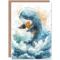 Artery8 4th Birthday Card Cute Whale Wave Jump Kids Age 4 Year Old Child For Son Daughter Girl Boy Happy Card in Blue