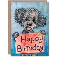 Artery8 Birthday Card Cute Poodle Pet Dog Puppy Holding Happy Birthday Sign For Son Daughter Girl Boy Kids Happy Card in Blue