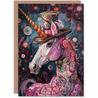 Artery8 Birthday Card Pink Unicorn Fantasy Pattern Top Hat Kids For Son Daughter Girl Boy Kids Happy Card in Purple