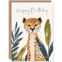 Artery8 Birthday Card Cheetah Jungle Plants Bright For Son Daughter Girl Boy Kids Happy Card in Green