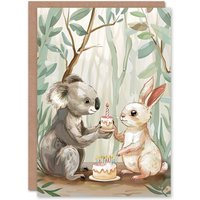 Artery8 Birthday Card Koala & Bunny Rabbit Birthday Cake For Son Daughter Girl Boy Kids Happy Card in Light Green