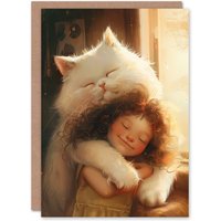 Artery8 Birthday Card Cute Little Girl & Giant Cat Pet Love For Son Daughter Girl Boy Kids Happy Card in Brown