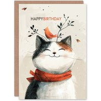 Artery8 Birthday Card Happy Cat Pet Bird Friend on Head For Son Daughter Girl Boy Kids Happy Card in Beige