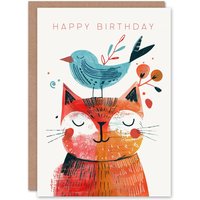 Artery8 Birthday Card Happy Cat Pet with Bird Friend For Son Daughter Girl Boy Kids Happy Card in Orange