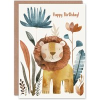 Artery8 Birthday Card Cute Lion Safari Jungle Plants For Son Daughter Girl Boy Kids Happy Card in Brown