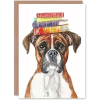 Artery8 Birthday Card Boxer Dog Pet with Book Stack on Head For Son Daughter Girl Boy Kids Happy Card in Brown