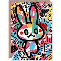 Artery8 Birthday Card Bunny Rabbit Cartoon Colourful Graffiti Style For Son Daughter Girl Boy Kids Happy Card