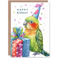 Artery8 Birthday Card Cute Green Parakeet Parrot Party For Son Daughter Girl Boy Kids Happy Card