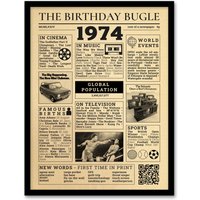 Artery8 Wall Art Print 50th Birthday Age Anniversary Newspaper Aesthetic Born in 1974 Framed Art in Beige | Size: W12" x H16"