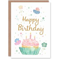 Artery8 Women's Birthday Card Muffin Cake Candles & Flowers For Her Gran Sister Niece Daughter Wife Greeting Card in White