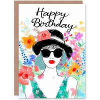 Artery8 Women's Birthday Card Spring Floral Pattern Fashion Portrait For Her Gran Sister Niece Daughter Wife Greeting Card