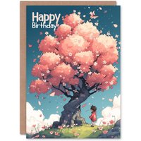 Artery8 Women's Birthday Card Child & Blooming Cherry Blossom Tree For Her Gran Sister Niece Daughter Wife Greeting Card in Pink