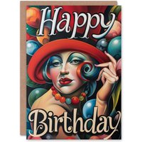 Artery8 Women's Birthday Card Art Deco Top Hat & Balloons For Her Gran Sister Niece Daughter Wife Greeting Card in Red