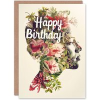 Artery8 Women's Birthday Card Floral Double Exposure Portrait For Her Gran Sister Niece Daughter Wife Greeting Card in Beige