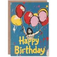Artery8 Women's Birthday Card Little with Balloons Graffiti Style For Her Gran Sister Niece Daughter Wife Greeting Card in Blue