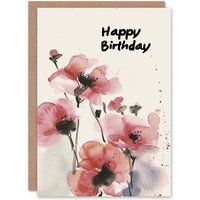 Artery8 Women's Birthday Card Red Anemone Flowers Floral Watercolour For Her Gran Sister Niece Daughter Wife Greeting Card in Pink