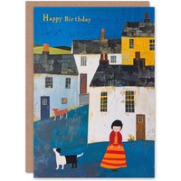 Artery8 Women's Birthday Card Dog Lover in Small Village Painting For Her Gran Sister Niece Daughter Wife Greeting Card in Blue