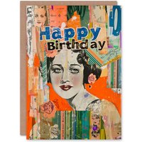 Artery8 Women's Birthday Card Colourful Vintage Scrapbook Collage For Her Gran Sister Niece Daughter Wife Greeting Card in Orange