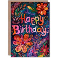 Artery8 Women's Birthday Card Flower Leaf Patterns Vibrant Floral Folk Art For Her Gran Sister Niece Daughter Wife Greeting Card