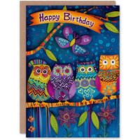 Artery8 Women's Birthday Card Cute Owls Flowers Butterfly Folk Art Patterns For Her Gran Sister Niece Daughter Wife Greeting Card in Blue