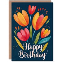 Artery8 Women's Birthday Card Colourful Tulip Flowers For Her Gran Sister Niece Daughter Wife Greeting Card in Dark Blue