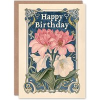 Artery8 Women's Birthday Card Floral Art Nouveau Pink Lily Flower For Her Gran Sister Niece Daughter Wife Greeting Card in Blue