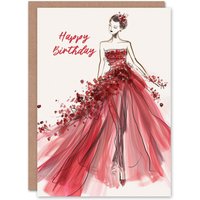 Artery8 Women's Birthday Card Couture Red Floral Dress Fashion For Her Gran Sister Niece Daughter Wife Greeting Card