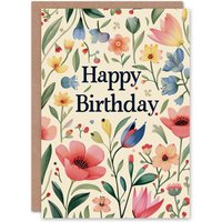 Artery8 Women's Birthday Card Floral Pattern Flower Botanical For Her Gran Sister Niece Daughter Wife Greeting Card in Beige