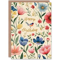 Artery8 Women's Birthday Card Flower Floral Pattern Botanical For Her Gran Sister Niece Daughter Wife Greeting Card in Beige