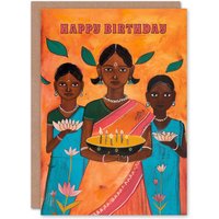 Artery8 Women's Birthday Card Indian Women Lotus Flowers Kheer Painting For Her Gran Sister Niece Daughter Wife Greeting Card in Orange