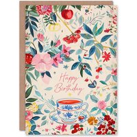 Artery8 Women's Birthday Card Tea Cup Flower Pattern Floral Painting For Her Gran Sister Niece Daughter Wife Greeting Card