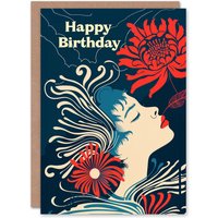 Artery8 Women's Birthday Card Chrysanthemum Abstract Portrait Design For Her Gran Sister Niece Daughter Wife Greeting Card in Dark Blue