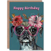 Artery8 Women's Birthday Card Floral Chihuahua Pug Dog Lover Glasses For Her Gran Sister Niece Daughter Wife Greeting Card in Blue