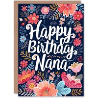 Artery8 Women's Birthday Card Spring Flowers Colourful Floral Design For Nana Grandma Gran Granny Nan Greeting Card in Dark Blue