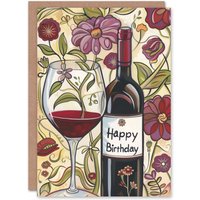 Artery8 Birthday Card Red Wine Bottle & Glass Floral Design For Him Her Man Woman Greeting Card in Purple
