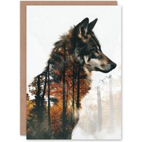 Artery8 Men's Birthday Card Double Exposure Wolf Autumn Forest Trees For Him Dad Brother Son Papa Grandad Greeting Card in Brown