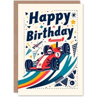 Artery8 Birthday Card Cute Race Car Rainbow Track Design For Child Kids Greeting Card in Beige