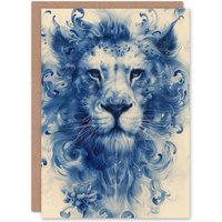 Artery8 Men's Birthday Card Blue Chinese Porcelain Floral Lion Head For Him Dad Brother Son Papa Grandad Greeting Card