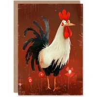 Artery8 Men's Birthday Card Cute Rooster Cockerel Cartoon Design For Him Dad Brother Son Papa Grandad Greeting Card in Red
