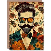 Artery8 Men's Birthday Card Dapper Man Floral Suit Hipster Botanical Portrait For Him Dad Brother Son Papa Grandad Greeting Card in Beige