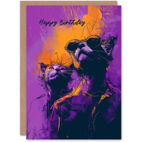 Artery8 Men's Birthday Card Street Cats Lover Sunglasses Purple Orange Design For Him Dad Brother Son Papa Grandad Greeting Card