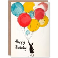 Artery8 Birthday Card Woman Holding Large Balloon Bundle Drawing For Him Her Man Woman Greeting Card