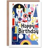 Artery8 Men's Birthday Card Modern Abstract Party Hat Candles Fun Shapes For Him Dad Brother Son Papa Grandad Greeting Card