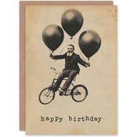 Artery8 Men's Birthday Card Weird Vintage Collage Balloon Bike Gentleman For Him Dad Brother Son Papa Grandad Greeting Card in Beige