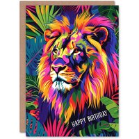 Artery8 Men's Birthday Card Jungle Lion Vibrant Colourful Design For Him Dad Brother Son Papa Grandad Greeting Card