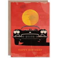 Artery8 Men's Birthday Card Convertible Sports Car Front View Sunset Ride For Him Dad Brother Son Papa Grandad Greeting Card in Red