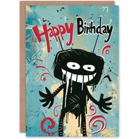 Artery8 Men's Birthday Card Creepy Stick Man Drawing Weird Messy For Him Dad Brother Son Papa Grandad Greeting Card in Blue