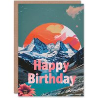Artery8 Men's Birthday Card Bright Sunset Over Mountains River Retro For Him Dad Brother Son Papa Grandad Greeting Card in Blue