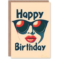 Artery8 Birthday Card Retro Classic Woman in Shades Summer For Him Her Man Woman Greeting Card in Beige