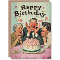 Artery8 Birthday Card Retro Vintage Birthday Cake Party Fun For Him Her Man Woman Greeting Card in Light Green